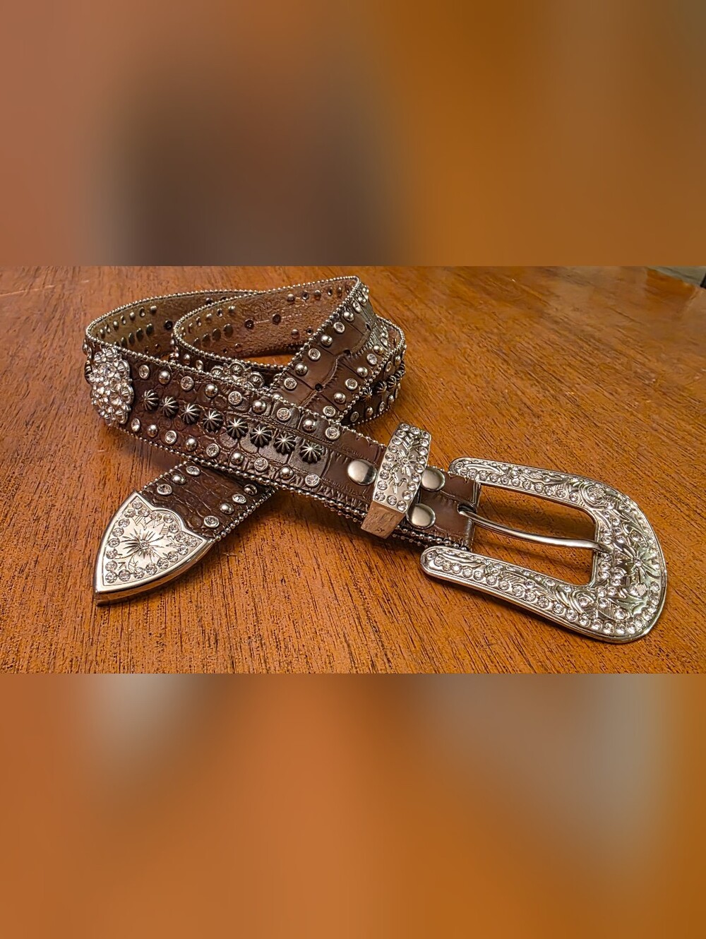 Embellished Brown Studded Leather Western Belt with Rhinestone Buckle